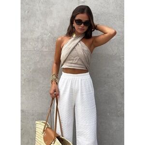 Criss Cross Halter Top‎ Sleeveless Cotton Linen Blend Neutral Beige Size S